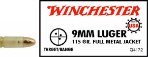 9mm Luger by Winchester 9mm Luger, USA 115gr., Full Metal Jacket, (Per 50)