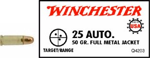 25 Automatic by Winchester 25 Auto, USA 50grain, Full Metal Jacket, (Per 50)