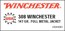 308 Winchester by Winchester 308 Win, 147gr, USA Full Metal Jacket Boat Tail, (Per 20)