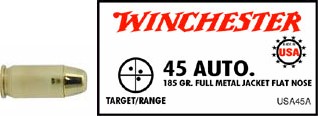 45 Automatic by Winchester 45 Auto, 185gr, USA Full Metal Jacket Flat Nose, (Per 50)