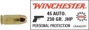 45 Automatic by Winchester 45 ACP, 230gr, USA Jacketed Hollow Point, (Per 50)