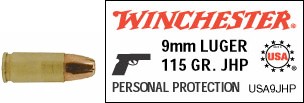 9mm Luger by Winchester 9mm Luger, 115gr, USA Jacketed Hollow Point, (Per 50)