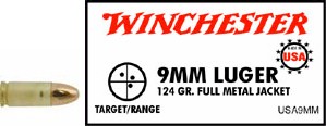 9mm Luger by Winchester 9mm Luger, 124gr, USA Full Metal Jacket, (Per 50)