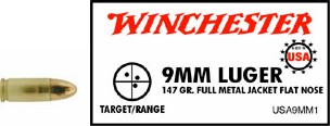 9mm Luger by Winchester 9mm Luger, 147gr, USA Full Metal Jacket Flat Nose, (Per 50)