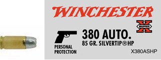 380 Automatic by Winchester 380 Auto, 85gr, Super-X Silvertip Hollow Point, (Per 50)