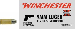 9mm Luger by Winchester 9mm, 115gr, Super-X Silvertip Hollow Point, (Per 50)