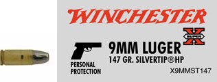 9mm Luger by Winchester 9mm, 147gr, Super-X Silvertip Hollow Point, (Per 50)